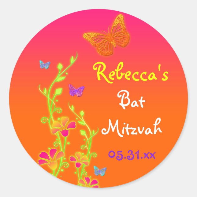 Sticker Bat mitzvah néon papillons et fleurs (Devant)