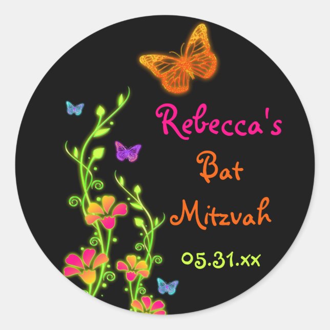 Sticker Bat mitzvah néon papillons et fleurs (Devant)