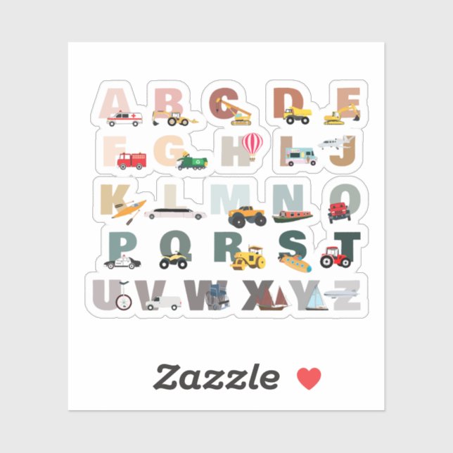 Sticker Beau Alphabet ABC Camions, Véhicules de transport (Feuille)