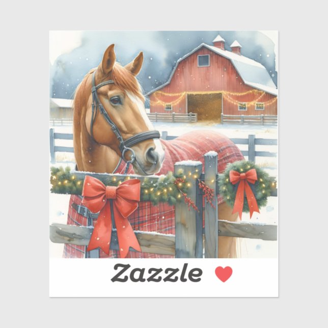 Sticker Beau Cheval Brown à un Noël Festive Grange (Feuille)