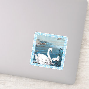 Sticker Beau Lac Cygne Blanc Avec Bébé Fancy bordure