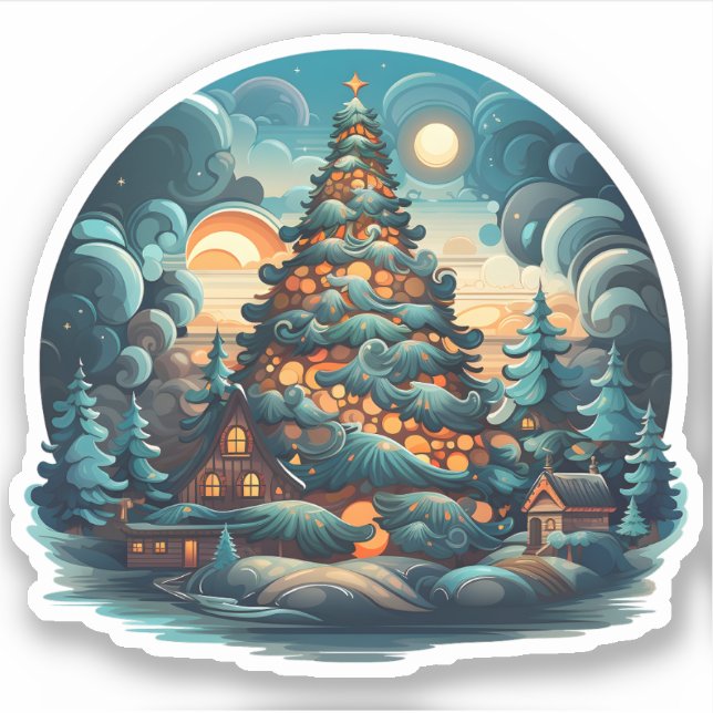 Sticker Beau sapin de Noël en forêt Joyeux vacances (Devant)