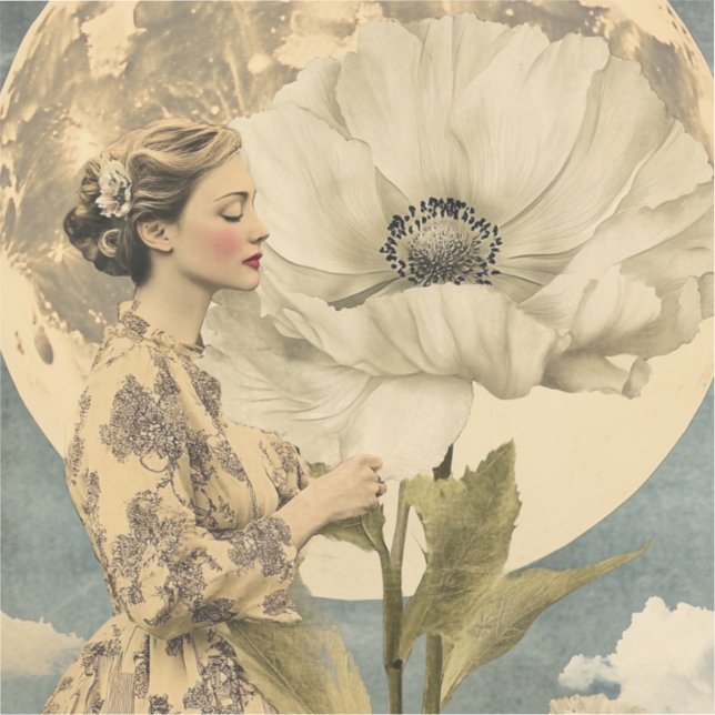 Sticker Beauté Lune - Femme avec Fleur Blanche et Lune (Recto)