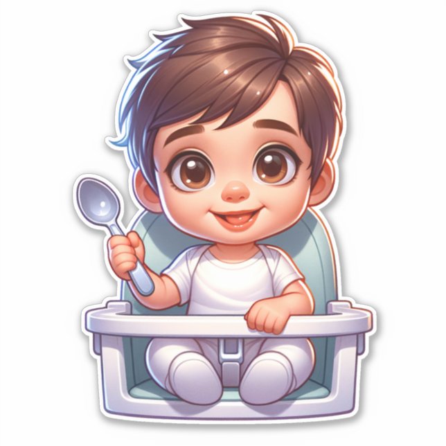 Sticker Bébé Brown mignon tenant une cuillère (Devant)