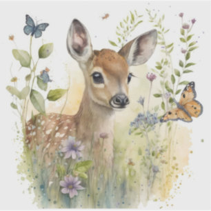 Sticker Bébé Cerf Papillon Feuillage Flore Nature Faune