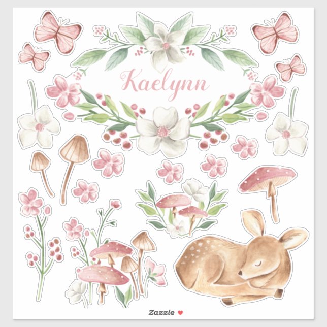 Sticker Bébé dormant Cerf rose Champignons ensemble de pat (Feuille)