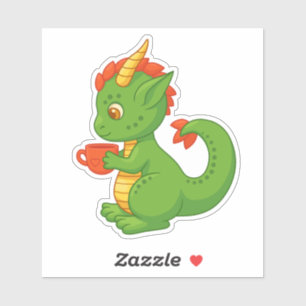 Sticker Bébé dragon mignon tenant une tasse