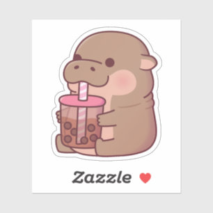 Sticker Bébé hippopotame mignon buvant du thé aux perles
