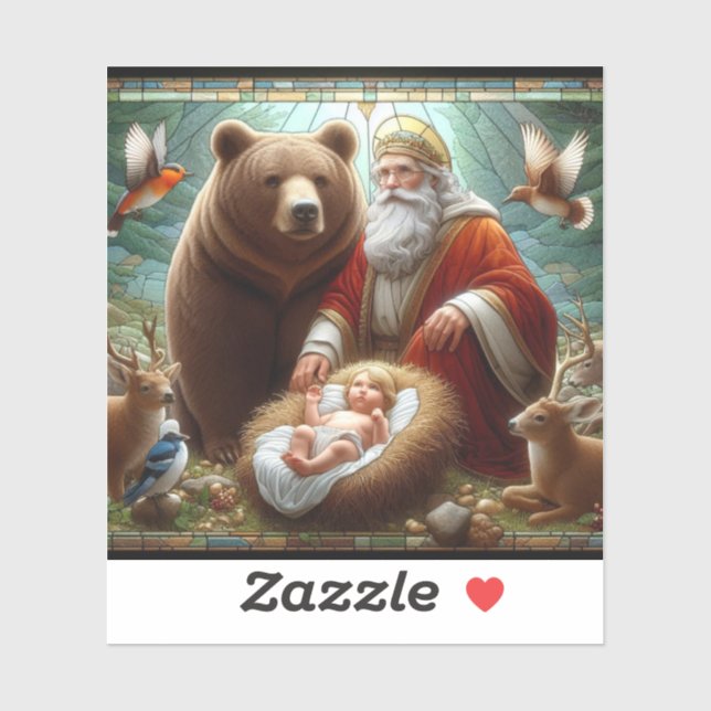 Sticker Bébé Jésus avec Père Noël et la faune (Feuille)