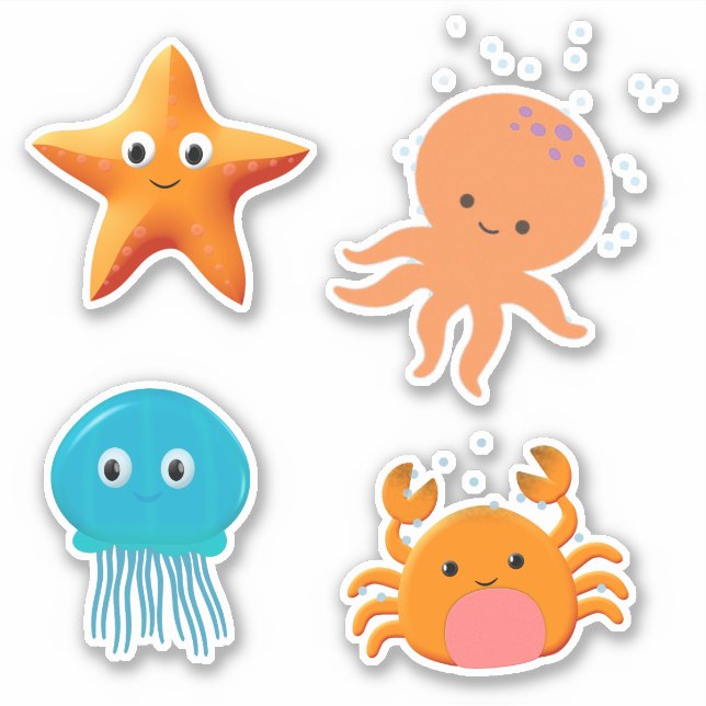 Sticker Bébé mignon poulpe Starfish Crabe Jellyfish Cartoo (Devant)