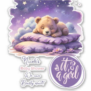 Sticker Bébé ours dormant violet Galaxy Baby shower fille