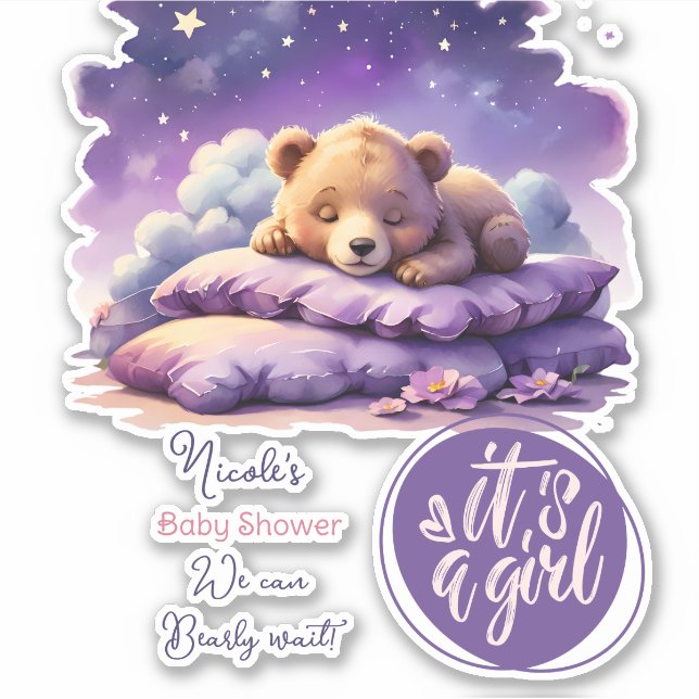 Sticker Bébé ours dormant violet Galaxy Baby shower fille (Devant)