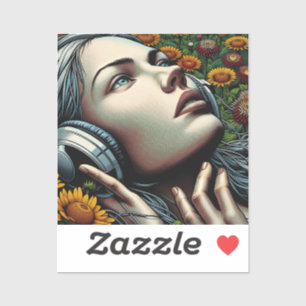 Sticker Belle femme avec casque dans les tournesols