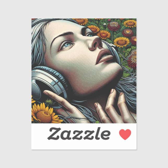 Sticker Belle femme avec casque dans les tournesols (Feuille)