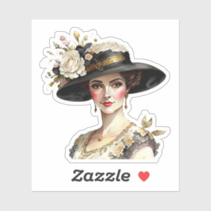 Sticker Belle femme caucasienne au chapeau fleuri vintage
