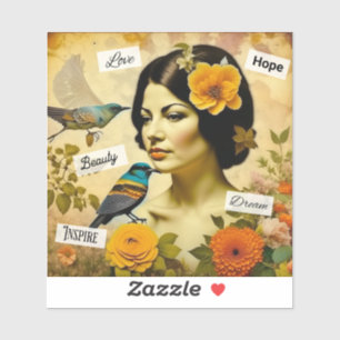 Sticker Belle femme Vintage aux oiseaux et aux fleurs