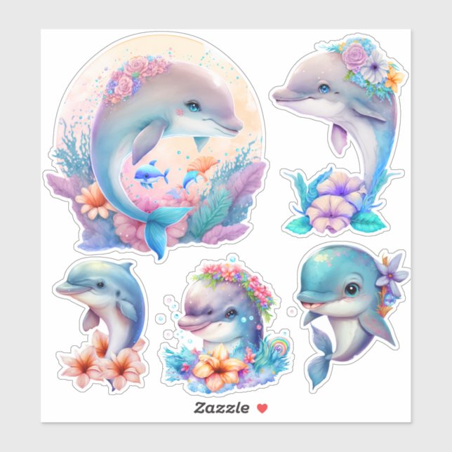 Sticker Belles illustrations de dauphins (Feuille)
