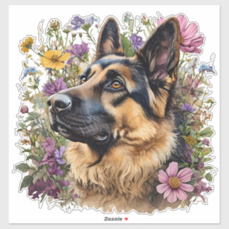 Sticker Berger allemand entouré de Fleurs sauvages