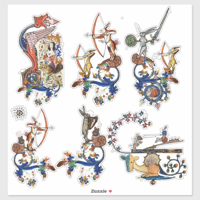 Sticker BESTIAIRE MÉDIÉVAL, Archer de lapins tueurs, Drago (Feuille)