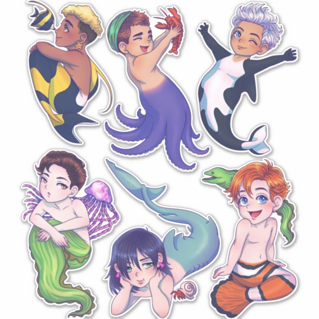 Sticker BIG CHIBI Merman Mermaid Sea Creatkers (Devant)