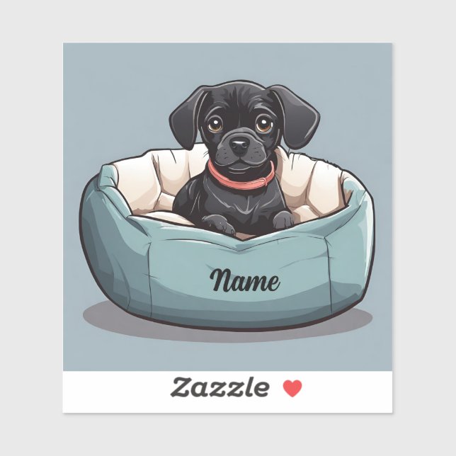 Sticker Black Dachshund assis dans le lit de chien Nom de  (Feuille)