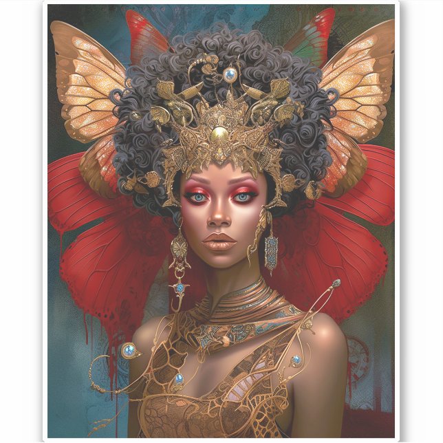 Sticker Black Fairy Queen Red Gold Fairy Imaginaire Art (Devant)