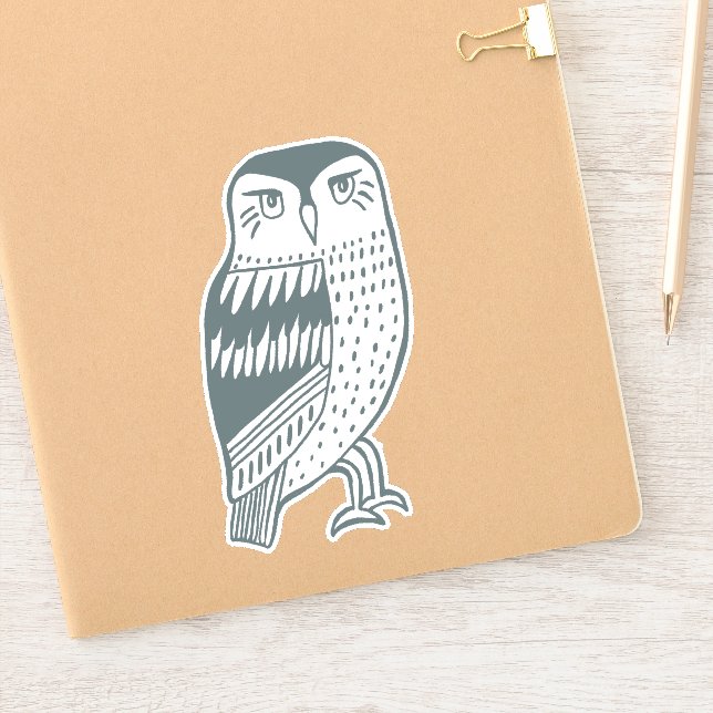 Sticker Bleu Gris Sage Hiboux Ligne dessin Art (Carnet)