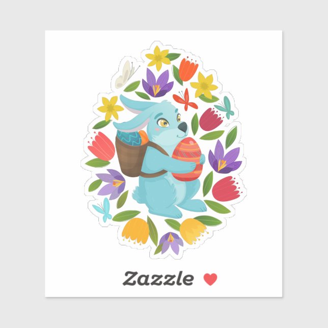 Sticker Bleu mignon de Pâques 2 fleurs printanières (Feuille)