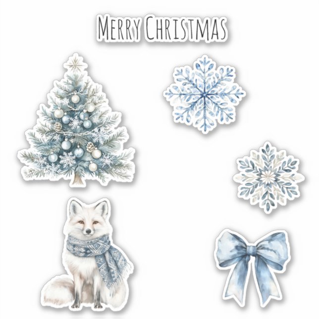 Sticker Blue Winter Christmas Tree Fox Snowflakes Bow (Devant)