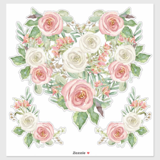 Sticker Blush n Rose blanche Aquarelle Floral Coeur Design (Feuille)