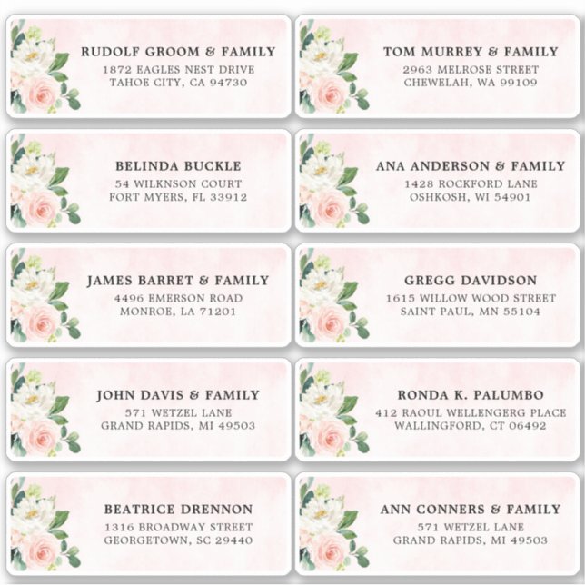 Sticker Blush Pink Ivory Floral Mariage Adresse d'hôte (Devant)