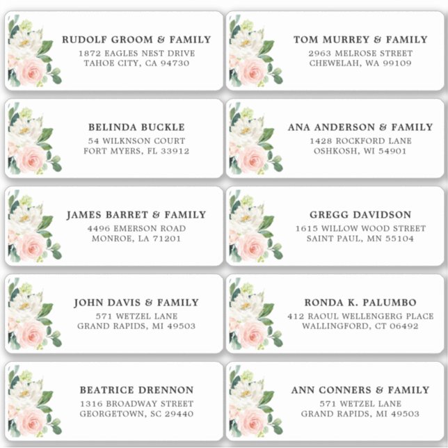 Sticker Blush Pink Ivory Floral Mariage Adresse d'hôte (Devant)