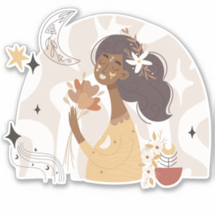 Sticker Boho brun calme femme fleurs lune étoiles