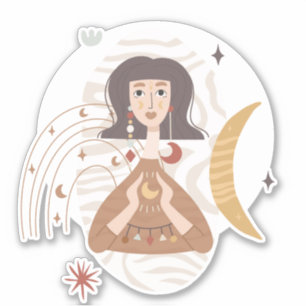 Sticker Boho femme tient la lune abstraite calme neutre