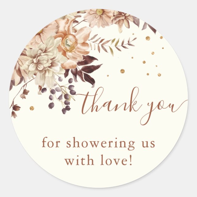 Sticker Boho Floral Fall Baby shower Classic Round (Devant)