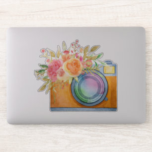 Sticker Boho Orange Caméra & Bouquet Floral Aquarelle