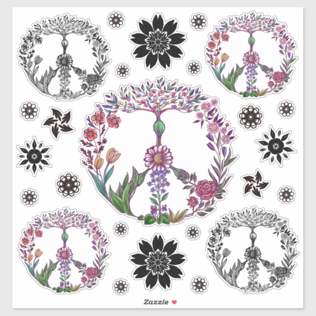 Sticker Boho Peace Sign Élégante fille mignonne jolie flor (Feuille)
