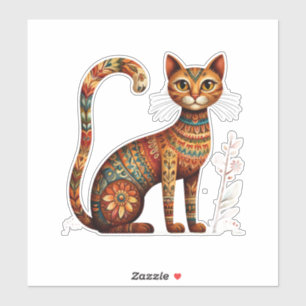Sticker Boho Tribal Chat Mignon Art Populaire avec Fleurs
