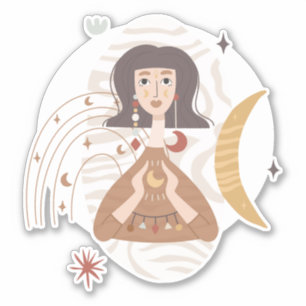 Sticker Boho woman holds the moon abstract calm neutral st