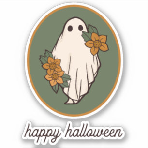 Sticker Bon Halloween Fantôme D'Automne Avec Fleurs