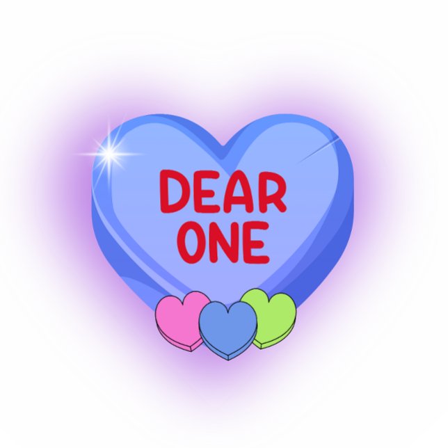 Sticker Bonbon de la Saint-Valentin Cher Cœur Violet  (Purple heart with a glow and the typograph reading "dear one" and three small hearts at the bottom.)
