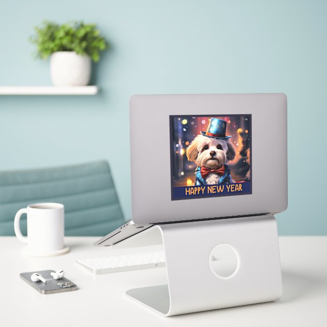 Sticker Bonne année, caniche maltaise, (Ordinateur portable sur le bureau)