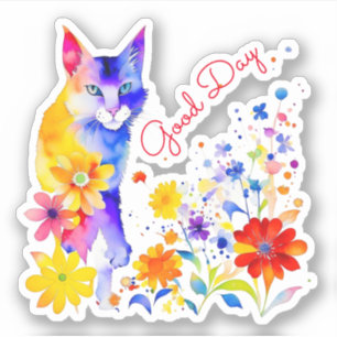 Sticker Bonne journée   Aquarelle Chat et Fleurs