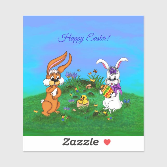 Sticker Bonne Pâques ! Lapin avec lapin et poussin (Feuille)
