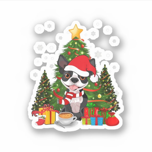 Sticker Boston Terrier Chien Noël Est Café-Cadeau Lumière (Devant)
