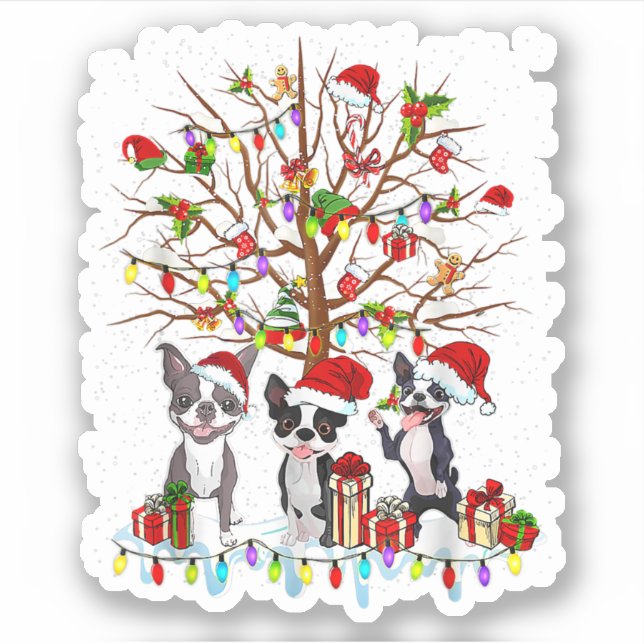 Sticker Boston Terrier Christmas Tree Funny Xmas Boston Te (Devant)