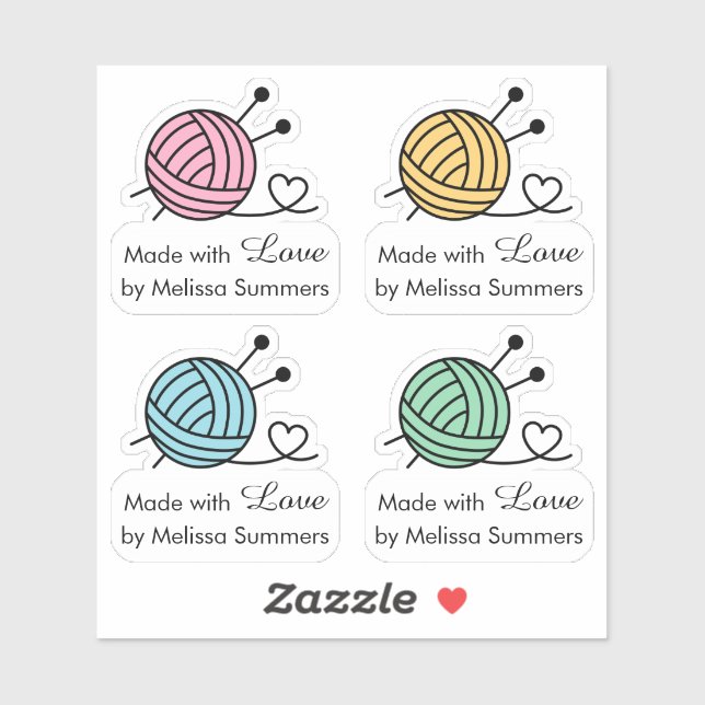 Sticker Boule de Tricot Fil Fabriqué avec amour, Ensemble  (Feuille)