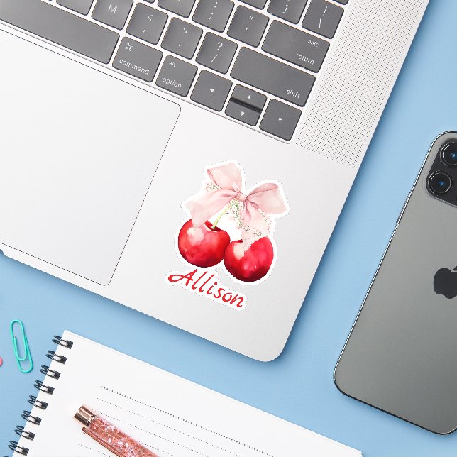 Sticker Bow personnalisé Coquette Cerise Rose Cut (Ordinateur portable avec iPhone)