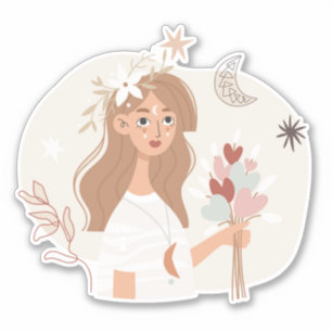 Sticker Brunette boho bouquet fleurs lune étoiles art