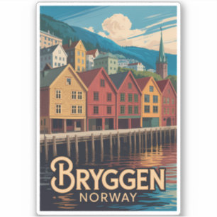 Sticker Bryggen Norvège Illustration Voyage Art Bergen